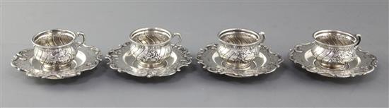 A set of four Austro-Hungarian silver coffee cups and saucers.